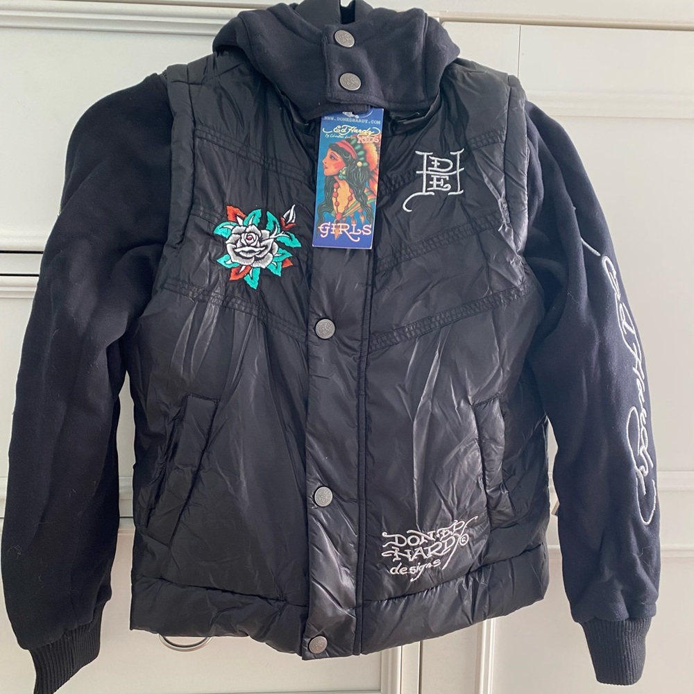 Ed Hardy NWT Girls Sz XL Black Puffer Jacket-Vest Detachable Hood & Slee…